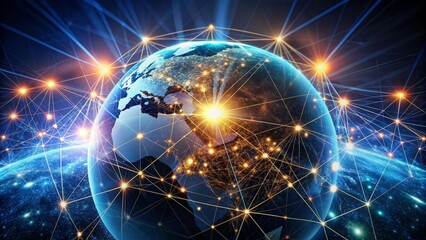 Fototapeta premium Global business globe surrounded by sparkling digital nodes and glowing network lines, symbolizing innovative marketing strategies and creative solutions in business development technology.