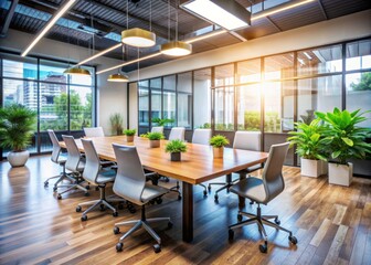Modern blurred office interior space background with empty meeting table and chairs, computers and plants, conveying a sense of professional business atmosphere.