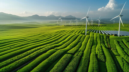Fototapeta premium Aerial view of lush green fields with wind turbines, showcasing renewable energy and sustainable agriculture in harmony with nature.