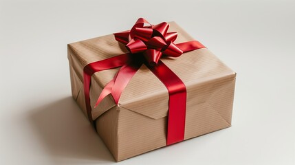 Obraz premium A beautifully wrapped gift box with a red ribbon and bow