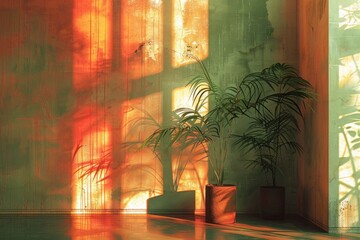 Two potted palm plants stand in a room bathed in warm sunlight, casting shadows on the wall