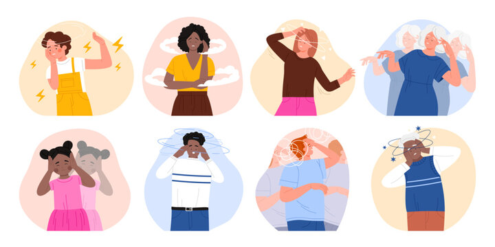 Dizzy people set. Sad woman and man feeling vertigo and headache, sick young and old characters with lightheadedness and stress, sign of star and cloud movement above head cartoon vector illustration