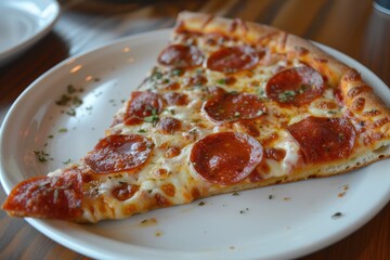 slice of pepperoni pizzon plate, delicious slice of pepperoni pizzwith gooey cheese and fresh toppings