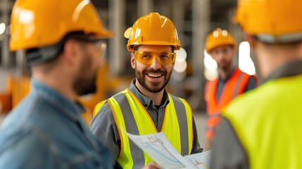 Smiling construction worker collaborating with colleagues on a project at a construction site, wearing safety gear and hard hats.