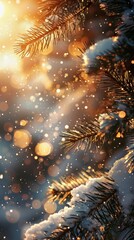 Fototapeta premium Sparkling snowflakes dance around frosted pine branches at twilight