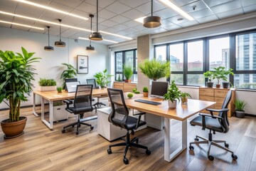 Empty modern office with blurred background features a clean desk, ergonomic chairs, and a few decorative plants, conveying a sense of professionalism and friendship.