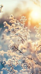 Fototapeta premium Delicate frost glistens on plants as the sun rises in a tranquil winter setting