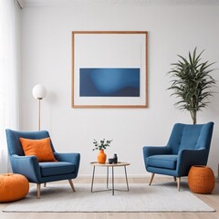 High resolution empty Interior view with square mock up photo frame for display on front wall. Modern interior 3d illustration design AI generated.