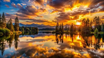Vibrant sky with warm hues and silhouetted trees, reflecting off serene lake water, as golden sun descends behind mountains at tranquil dusk.