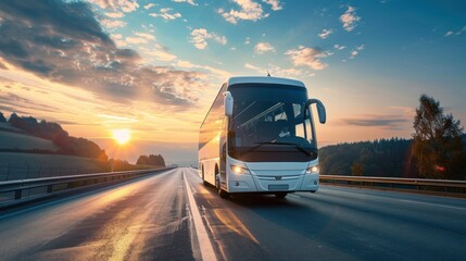 Bus on the Road at Sunrise