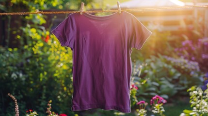 A blank purple shirt on a clothesline with a sunny garden backdrop