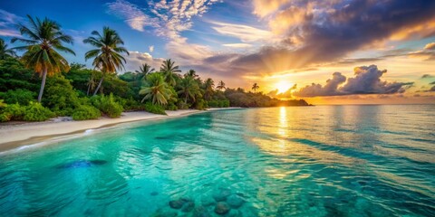 Fototapeta premium Serene horizon meets turquoise sea water surface, warm light illuminates a tranquil tropical island paradise beach at sunrise, perfect for summer vacation backgrounds.