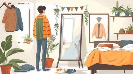 Person getting dressed in front of a mirror, with a selection of outfits on the bed. Cartoon illustrations vectors