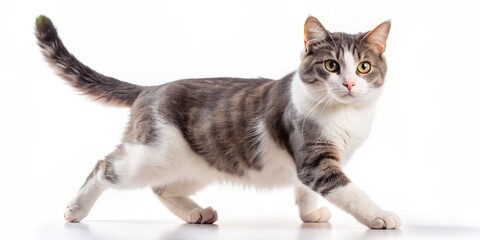 Adorable grey and white domestic cat walks confidently on a pure white background, showcasing its agility and flexibility with every gentle step and twitch of its ears.