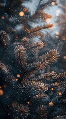 Soft snowflakes gently fall on pine branches, creating a magical winter ambiance
