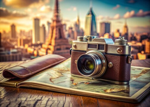 A vintage camera sits atop a worn leather journal, surrounded by scattered passports and maps, with iconic city skylines and landmarks blurred in the background.