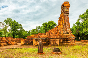 View of My Son Sanctuary among green woods in Quang Nam, Vietnam.