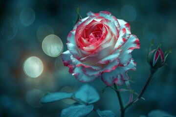 A close-up of a beautifully blooming rose with red-tipped petals, set against a blurred background, capturing its delicate beauty.