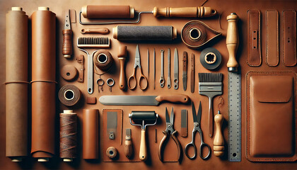 Top-down view of leather crafting tools on Italian leather in 8K