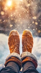 Snowflakes gently fall as warm boots rest peacefully on a snowy landscape