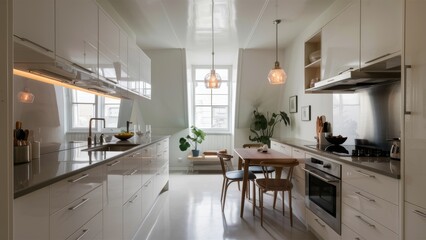 A kitchen with a table and chairs in it next to the stove, AI
