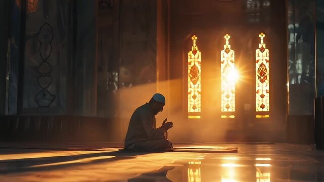 Religious muslim man praying inside the mosque