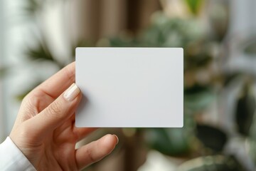 A hand holding a blank business card in a modern office setting, perfect for presentations or professional contexts.
