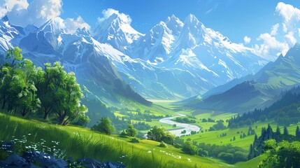 Obraz premium A serene mountain range background, with snow-capped peaks under a clear blue sky. The foreground has a lush green valley with a winding river flowing through it