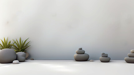 Modern minimalist background with pebble stones, white walls and copy space, symbolizing concept of emptiness