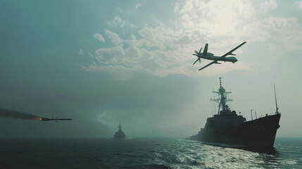 A drone flies above naval ships amidst a moody, cloud-filled sky over a wide expanse of ocean, suggesting military operations or surveillance.