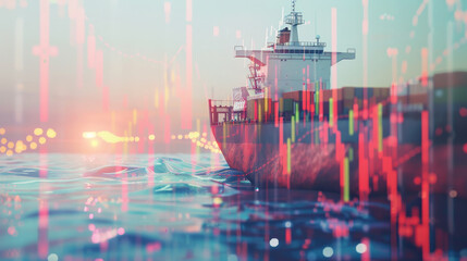A vibrant scene of a cargo ship in open waters at dawn, overlaid with financial data graphics, symbolizing dynamic global trade activities.