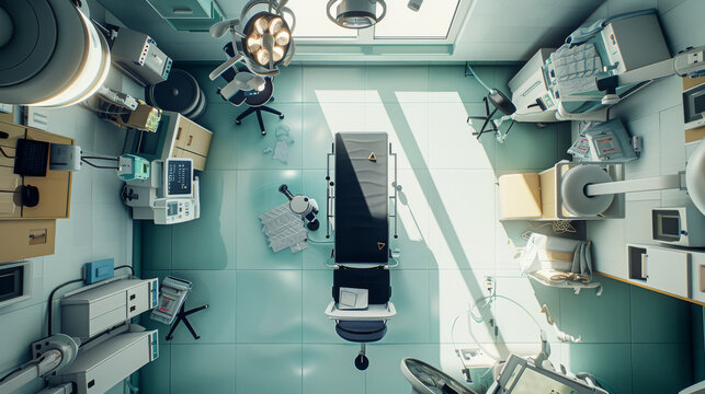 A clean, modern operating room viewed from above, fitted with advanced medical technology and bright lighting for optimal surgical conditions.