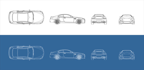 vector sport car line art draw blueprint wireframe from all view top side back  isolated in transparent background