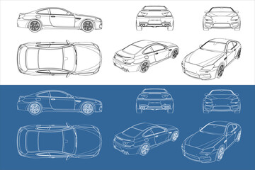 vector sport car line art draw blueprint wireframe from all view top corner side back  isolated in transparent background