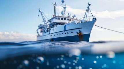 A large white fishing boat is in the water