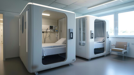 Fototapeta premium Futuristic hospital rooms with advanced medical equipment, pristine white interiors, and large windows.