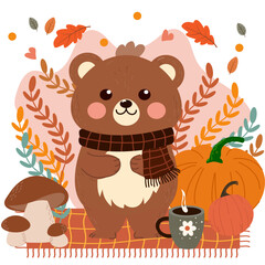 Cute bear with autumn background. Mushroom, pupmkin, cup of tea, leaves. Vector illustration.