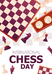 International Chess Day. Vector template of greeting card, poster, flyer. Drawn chess, chessboard, clock