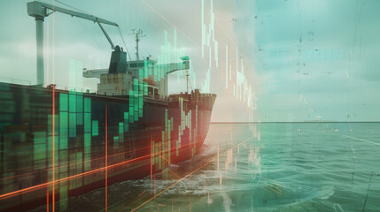 A cargo ship at sea with integrated digital data graphics, symbolizing global trade and maritime analytics, under an overcast sky.