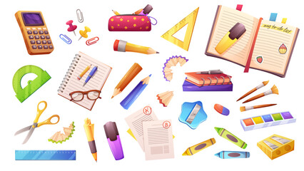 Big set of small stationery. Writing utensils, rulers, notepads, scissors. Vector elements on white background