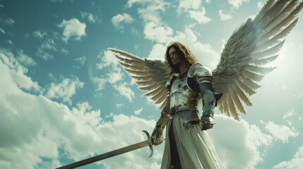 A majestic warrior angel stands poised with a sword, wings outstretched, beneath a dramatic sky, evoking themes of strength, divinity, and guardianship.