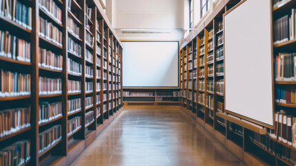 Obraz premium A spacious library is lined with tall shelves filled with books, featuring two large empty screens ready to host multimedia presentations.
