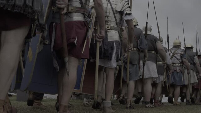 See Historic Roman Soldiers marching in armor with spears and shields in strategic formation