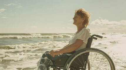 Fototapeta premium A serene elderly woman in a wheelchair basks in the sunlight at the beach, with waves gently caressing her feet.