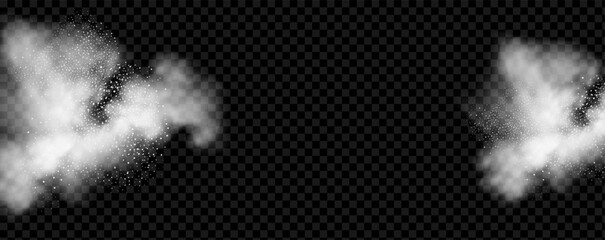 A realistic set of white clouds of flour, sugar, washing powder. An explosion of snow dust in the air. A splash of ice crystals in a white blizzard cloud.