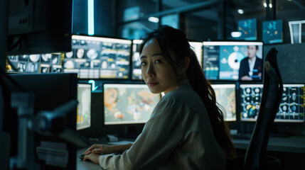 A woman sits at a desk surrounded by multiple computer monitors displaying data and graphics, suggesting a focus on analysis or cybersecurity.