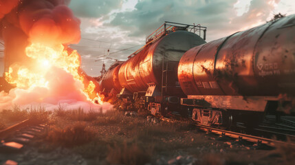 A spectacular explosion engulfs a railway tank car, illuminating the scene with vivid flames under a smoky, turbulent sky, creating a breathtaking visual.