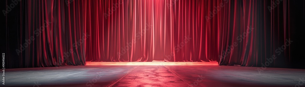 Poster a theatrical stage with red curtains illuminated by soft lighting, creating a dramatic and inviting 