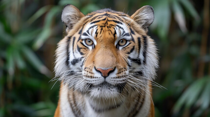 Fototapeta premium Intense close-up of a Bengal tiger's face, showcasing its striking eyes and detailed fur pattern in a lush green setting