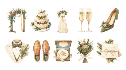 Set of illustrations on the theme of rustic wedding: groom, bride, cake, arch, bouquet, shoes, rings, champagne. Natural forest aesthetic, clipart illustration on a transparent background